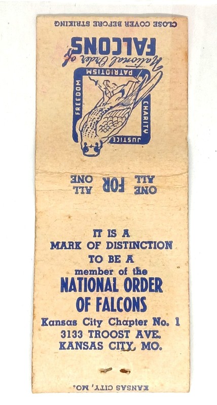 Vintage matchbook cover for the National Order of Falcons, Kansas City Chapter 1