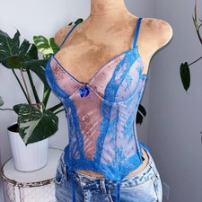 Y2K Frederick s of Hollywood Blue Lace Bustier Corset Top Lace Up Back