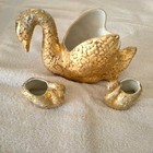 Vtg. 3pc. set of mother & babies weeping 24k gold ceramic pottery swans — photo 8