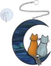 Cat Stained Glass Suncatcher Cat on Moon Real Glass Window Hanging Unique