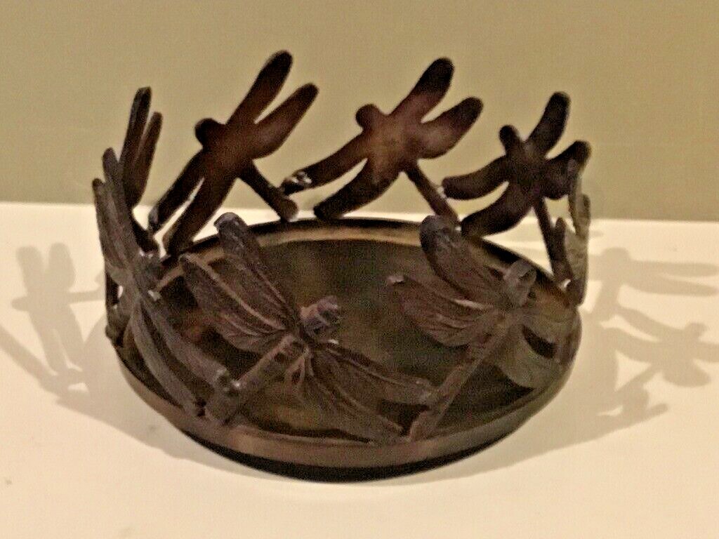 Hosley Brown Wrought Iron Dragonflies Pillar Candle Holder Made in India