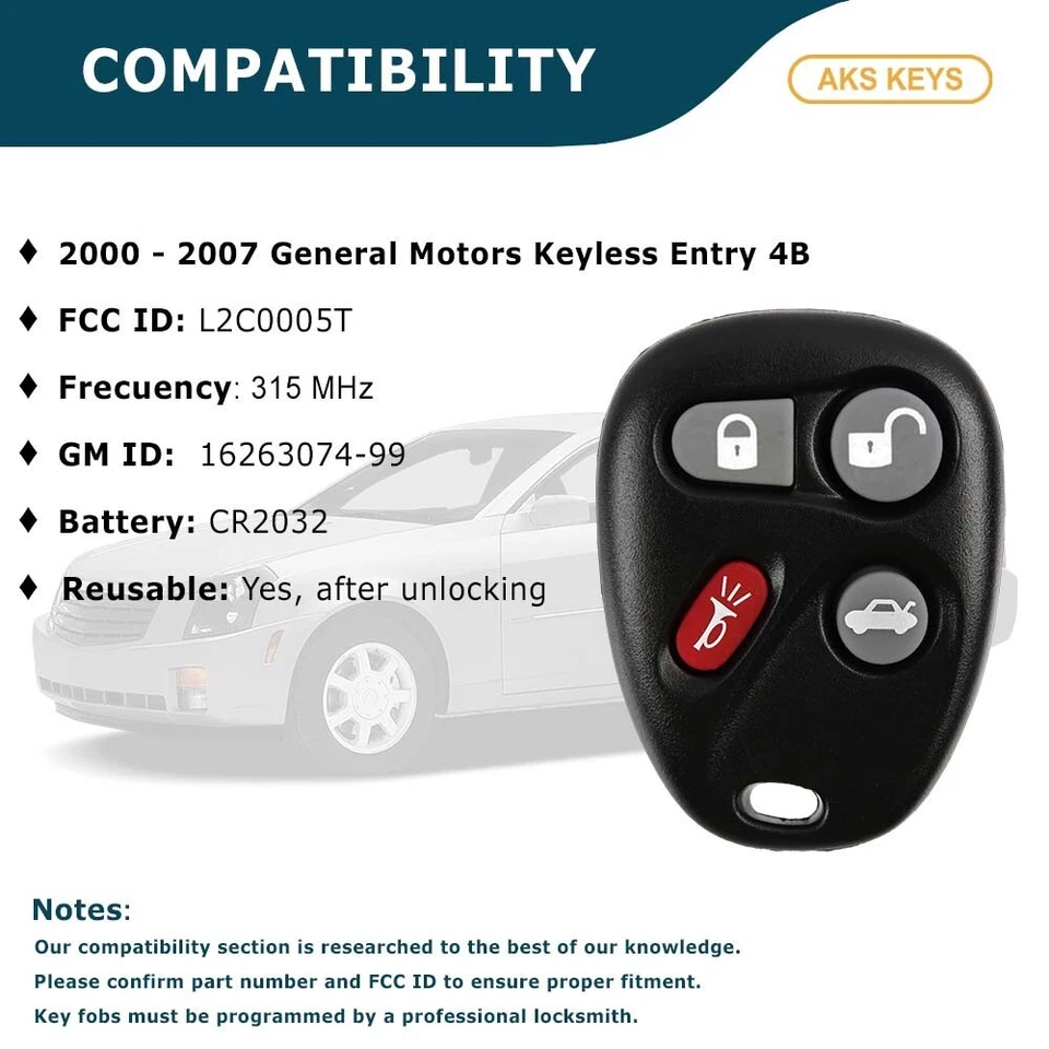 2 Mando a distancia sin llave de repuesto para Pontiac Sunfire 00 2001 2002 2003 2004 2005 Foto 4 de 4