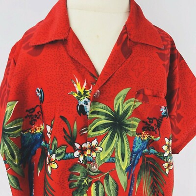 Rina Boys XL Aloha Hawaiian Red Parrot Palm Trees Shirt Weld Pocket Child Size