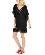 La Blanca Black Island Fare Crochet Trim Tunic Swimsuit Cover Up XS yap2524