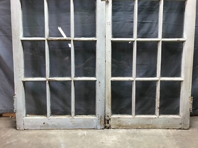 Antique Pair 18 Lite Shabby Glass Chic Casement Windows 22x62 Blue