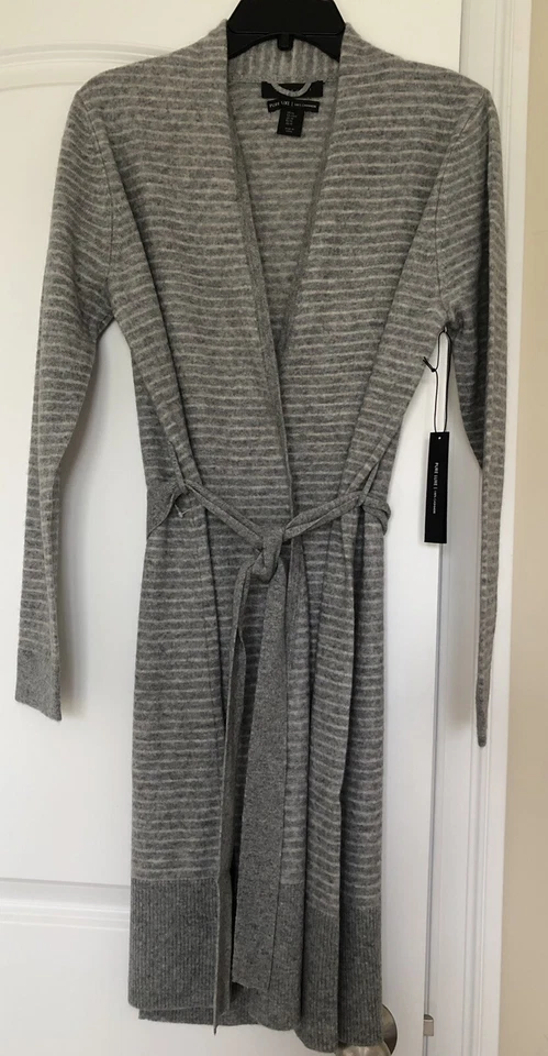 Nuevo con etiquetas Suéter Tahari 100% Cachemira Cortina Cuello Rayas Frente Abierto o Rob, Gris, M Foto 4 de 4