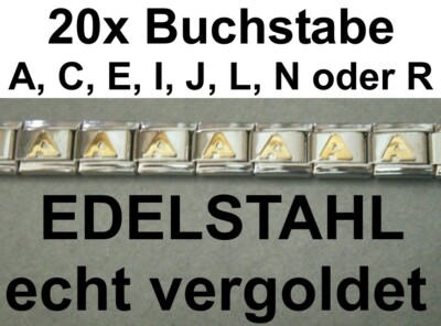 je20x Buchstabe A C E I J L N R vergoldet Edelstahl passt für Armband Nomination