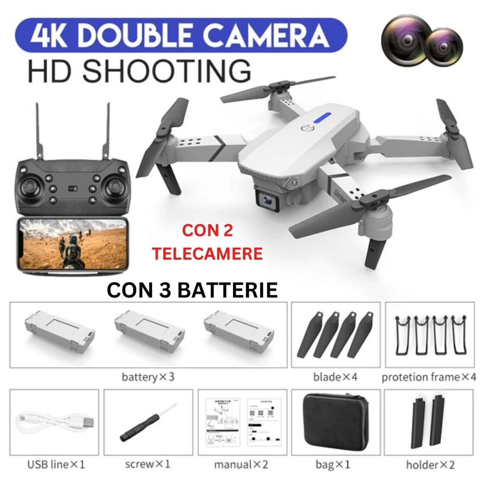 E88 PRO Drone Con 2 Telecamera HD 1080P per Principianti, Drone WiFi FPV 2.4Ghz - Immagine 2 di 4