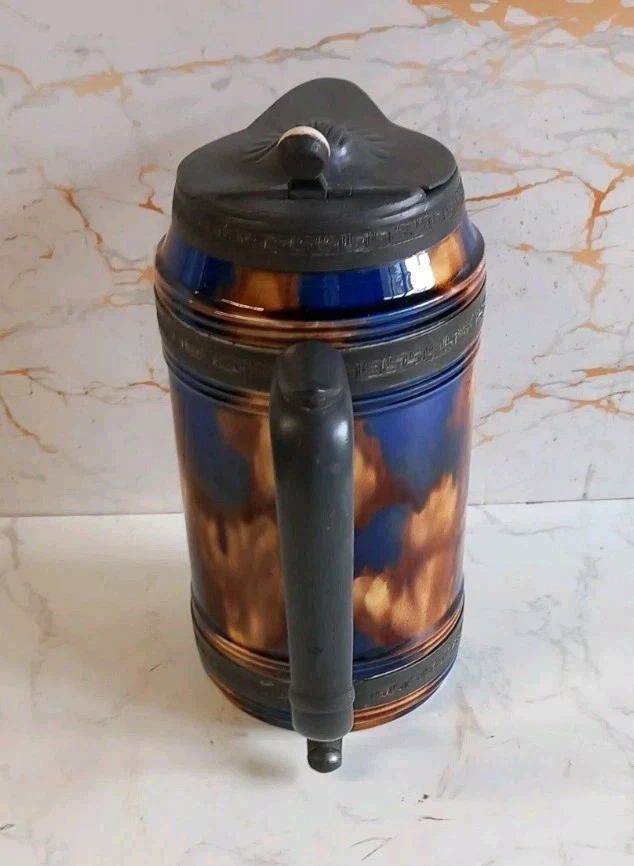 Vintage Wedgwood Majolica Syrup Jug Pewter Deco/ Lid and handle Mottle Glazeing. - Image 4 of 4