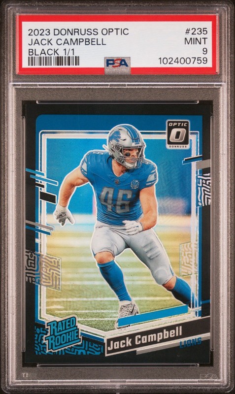 2023 JACK CAMPBELL 1/1 BLACK Optic ROOKIE CARD Donruss PSA 9 Detroit Lions Grail