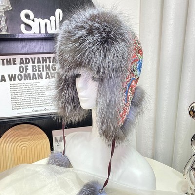 Real Fox Fur Hat Russian Ushanka Hat Real Leather Aviator Trapper Earlaps Cap