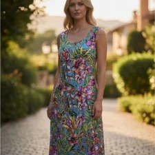 Talbots Maxi Shift Dress Blue Pink Floral Tropical Beachy Cocktail Party 16P