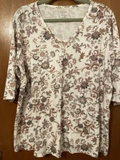 J Jill Pure Jill Printed Soft V Neck Top Size XL Neutral Browns Ivory Comfy