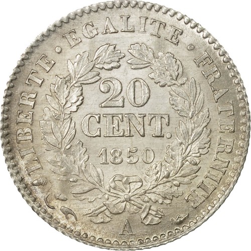 [#535872] Munten, Frankrijk, Cérès, 20 Centimes, 1850, Paris, UNC-, Zilver, KM:7 - Afbeelding 2 van 2