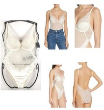 Calvin Klein CK Black Women's Fan Floral Lace Bodysuit Ivory L