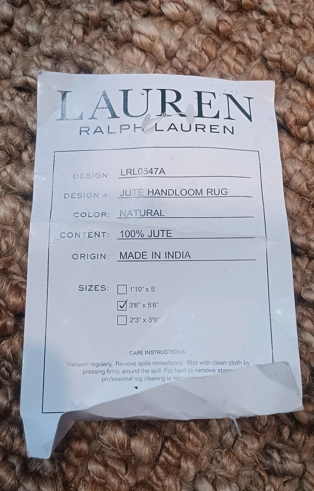 Ralph Lauren Jute Handloom Rug Natural Woven Mat 3'6"x5'6" New w/ Tag - Image 4 of 4