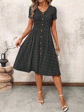 Ladies V-neck Midi Dress Holiday Summer Polka Dots Buttons Short Sleeve Dresses