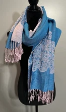 100% CASHMERE SCARF Blue/Pink Floral Lightweight Wrap Shawl 27”x72” Fringe