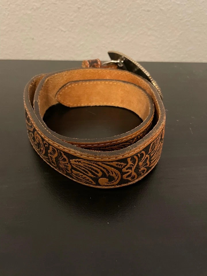 Tony Lama Belt Boys Small Tooled Leather Made in USA Rodeo Champion Buckle - Image 2 of 4