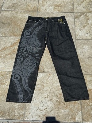 Game Time Vintage Y2K Black Denim Baggy Jeans with Tribal Embroidery
