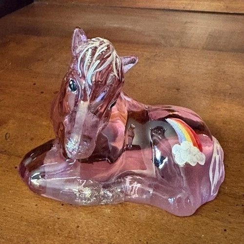 Fenton Madras Pink Cloud Rainbow Horse Paint Foal Signed by Lynn Fenton 3x3 1/2"