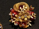 Vtg Miriam Haskell Set Pin Brooch Earrings Red Pink Gold Rhinestones Stunning!!