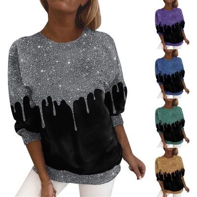 Women Funny Glitter Printed Sequined Splicing Casual Long Sleeve Round Neck Tops