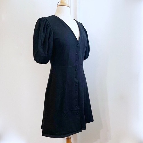 H&M Puff Sleeve Button-up Fit & Flare Black Dress Size M Party/Office/Casual EUC - Picture 3 of 10