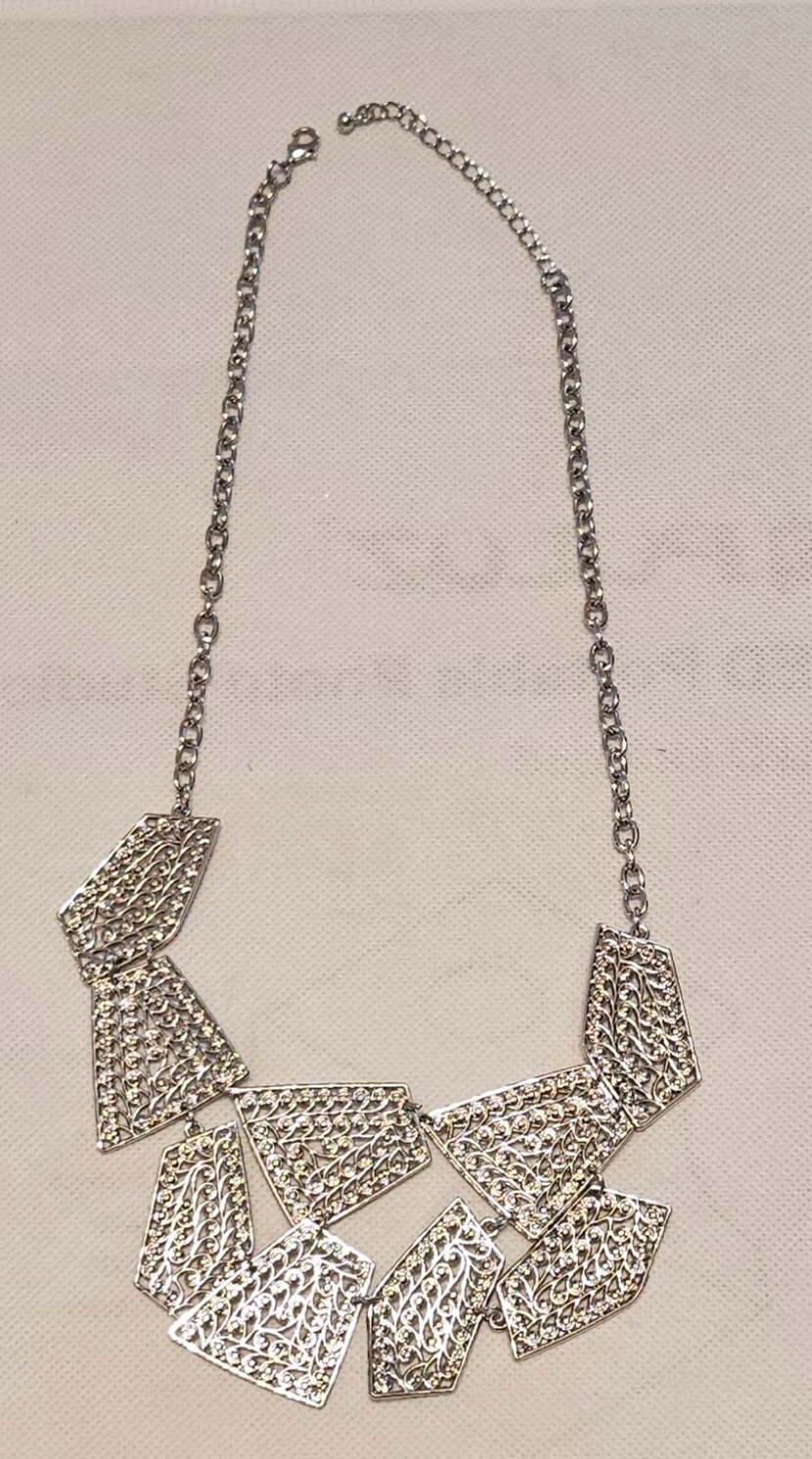 Statement Necklace Silver Geometric Filigree Part… - image 3