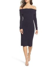 ELIZA J BANDED OFF THE SHOULDER MIDI NAVY SHEATH DRESS sz S