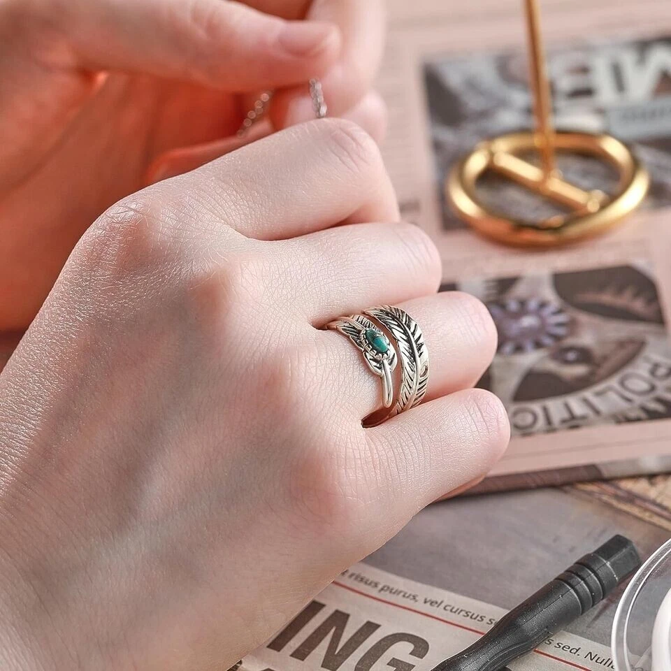 Anillo Ajustable Tamaño, Anillo Pluma, Anillo Pulgar, Anillo Bypass, Anillo Turquesa Boho Foto 4 de 4