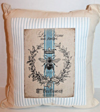 Queen Bee Canvas Throw Pillow with Blue Ticking Stripe Handmade 16 x 18" NEW