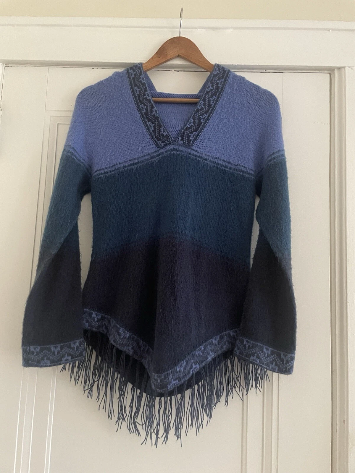 Vintage Color block Ombré Blue Knit Poncho Sweater Hooded Fringe Handmade S/M