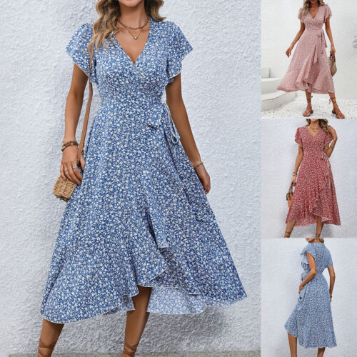 Women Boho Floral V Neck Midi Dress Ladies Summer Beach Slim Swing Sundress Gown
