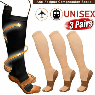 (3/6 Pairs) (S-XXL) Copper Compression Support Socks 20-30mmHg Knee High Unisex