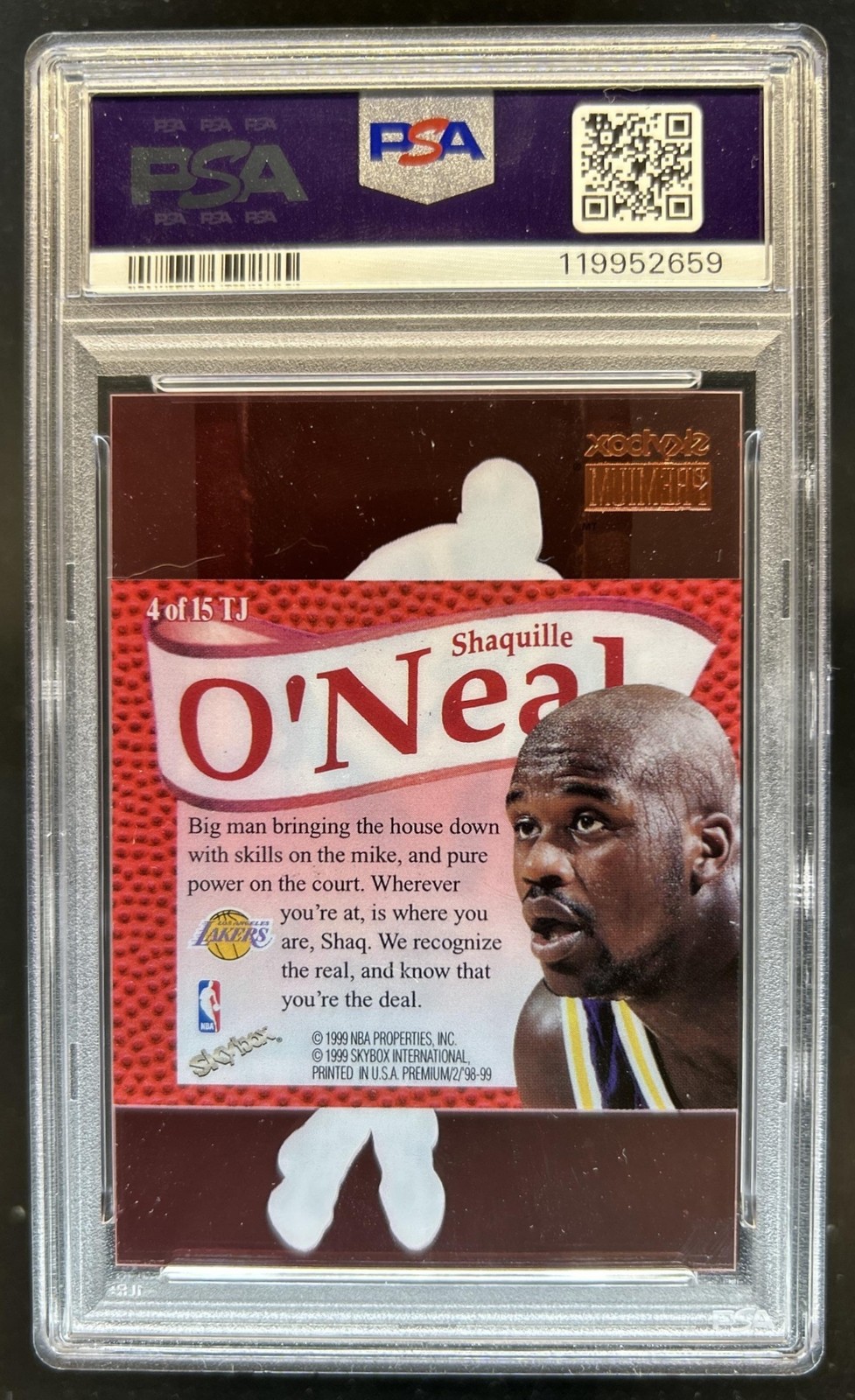 1998-99 Skybox x Premium Shaquille O'Neal That's Jam #4 TJ Lakers PSA 10 view 2
