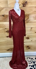 Long Deep Red Sequined Gown with cut out sleeves and slit Women  s S PROM 