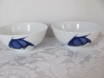 Misty Rose Super White China Blue Koi Fish -7'' Soup/Serving Bowls- Set of 2