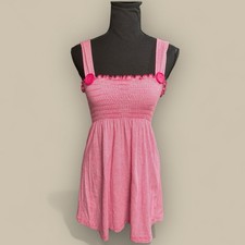 Y2K Babydoll Sun Dress Top Medium Pink White Stripe Smocked Ruffle Beachy Bimbo
