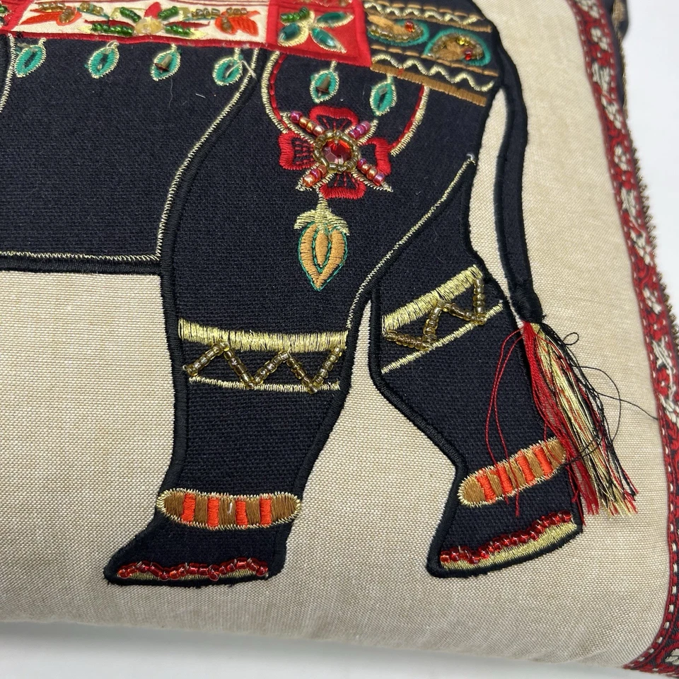 Pier 1 Elephant Throw Pillows 19”x11” Beaded Embroidered Boho Red Black Circus - Image 3 of 4