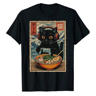 Cute Kawaii Gamer Cat Ramen T-Shirt Retro Japanese Black Cat Gaming Vintage Tee