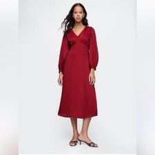 Gap S red Satin Empire midi dress side slit Christmas holiday siren party