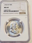 1953-D 50C Franklin  Silver Half Dollar NGC Certified MS-64