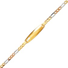 14K Tricolor Gold 5.6mm Baby ID 3mm Figaro Chain Heart Bracelet 6" Engraving