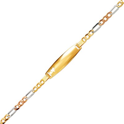 14K Tricolor Gold 5.6mm Baby ID 3mm Figaro Chain Heart Bracelet 6'' Engraving