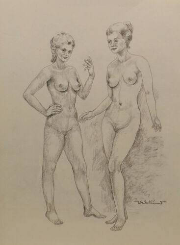 "2 Mädchen/Frauen Akt No.63 "Malerei/Mischtechnik. sign. Wedekind