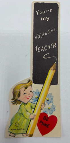 Valentines Day Vintage Greeting Card For Teacher Little Girl with Pencil & Heart