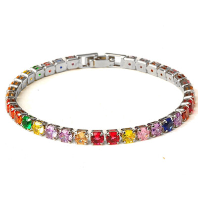 New 4mm Round Cut Mix Color Garnet Topaz Gemstone Slim Women Silver Bracelets