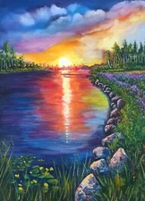 Original Art Oil Painting Colorful Sunset Landscape on stretched canvas 40x30cm