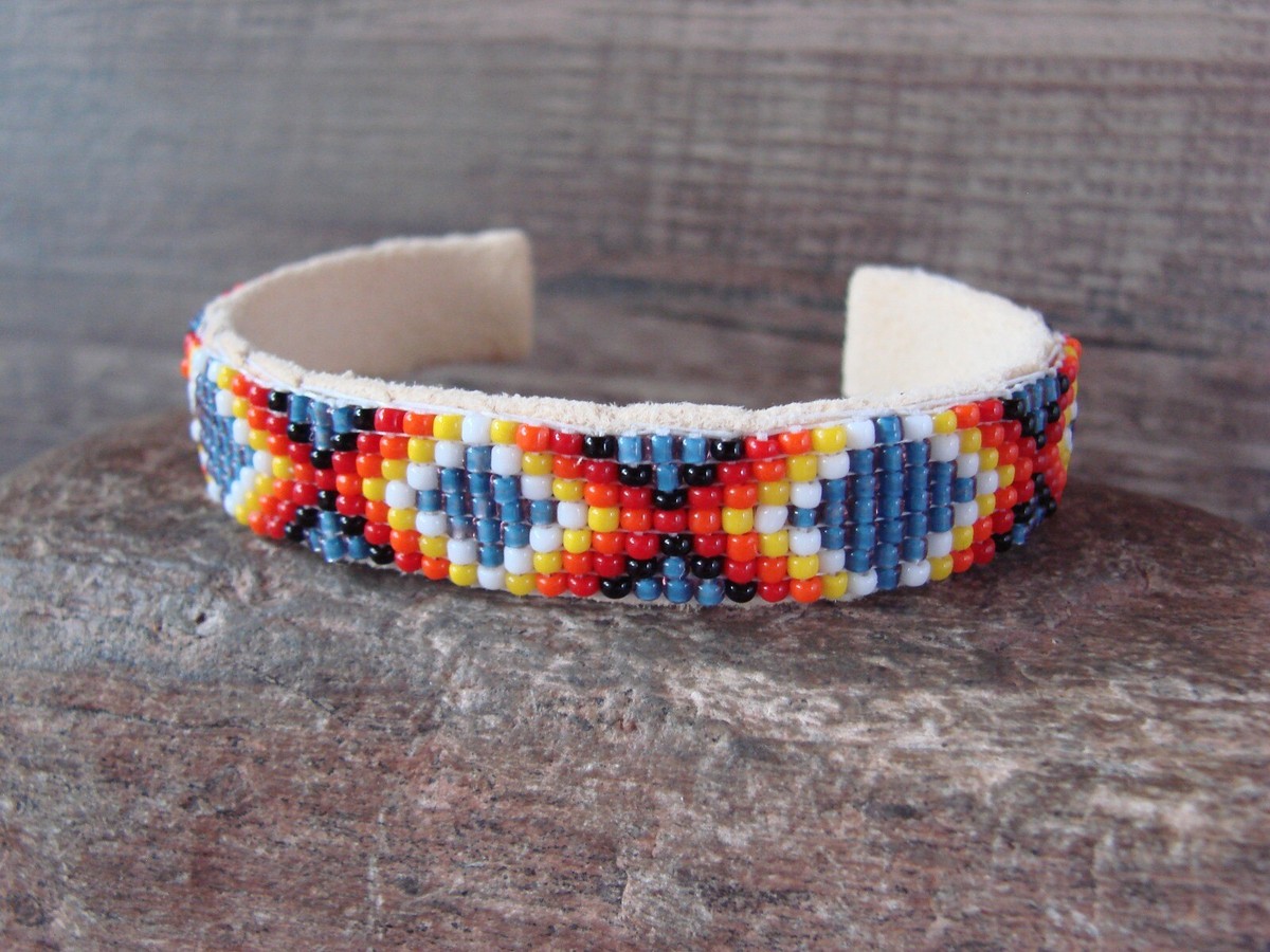 Handmade Native American Beaded Cuff Bracelet - Seed Bead & Leather, Unisex Navajo Style B-32-SB-5 - View #7